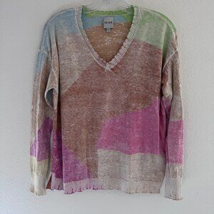 NIC+ZOE V-Neck Sweater Pastel Pink Green Brown Mosaic Women M